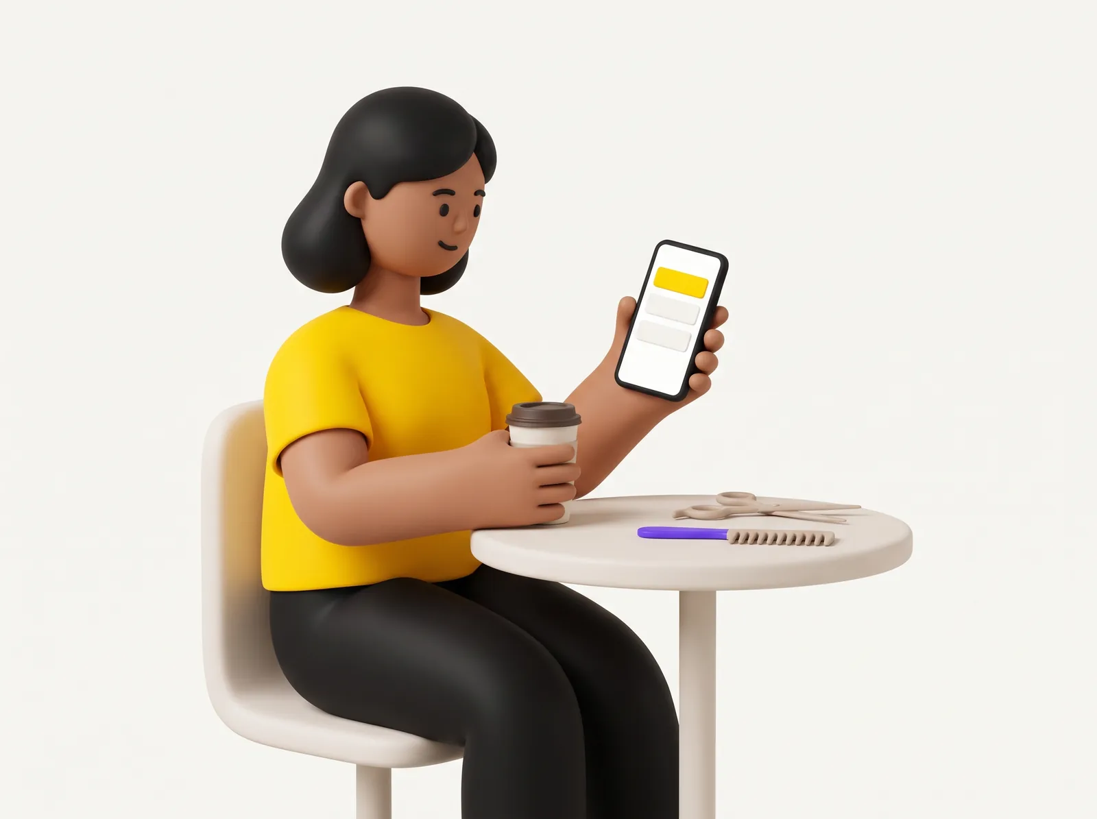 Dueña de peluquería revisando en su celular la lista de clientas a las que escribir